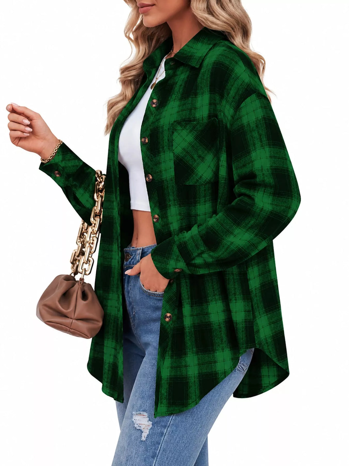 Plaid Button-Down Oversized Shirt - Green - View 16