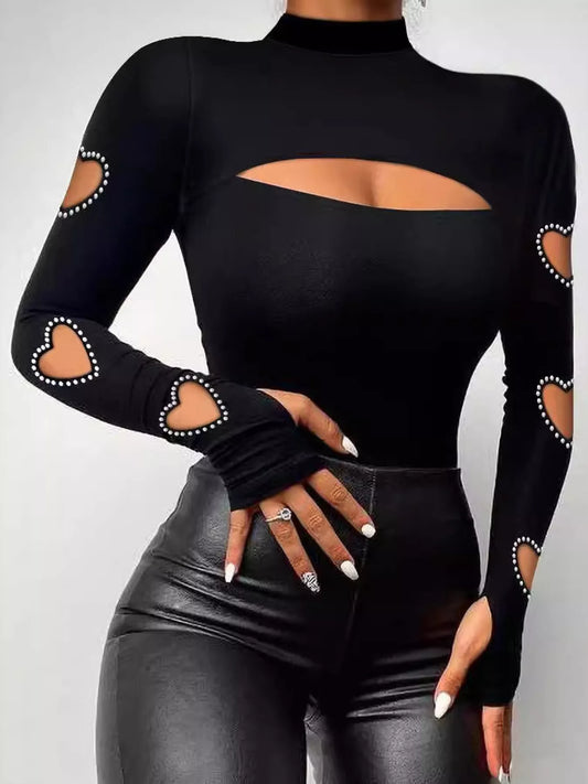 Rhinestone Heart Cut-Out Long Sleeve Mock Neck T-Shirt - Black - View 1