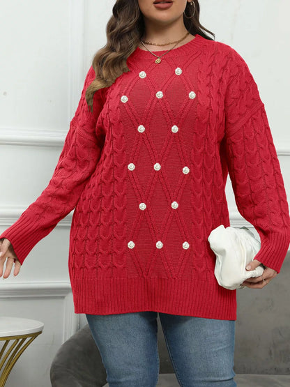 Plus Size Cable Knit Dropped Shoulder Sweater - Red - View 1