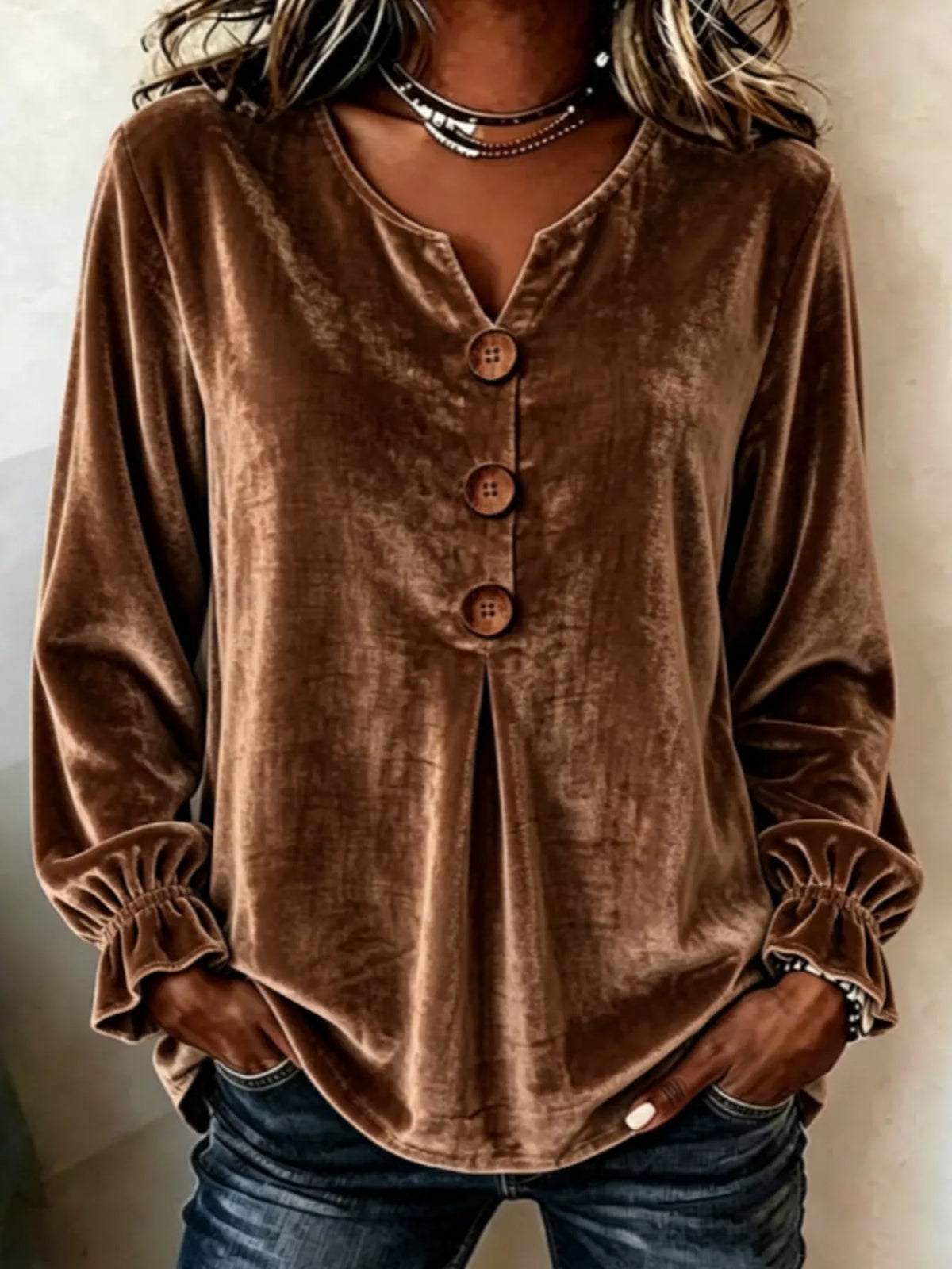 Velvet Flounce Sleeve Blouse - Coffee Color - View 1
