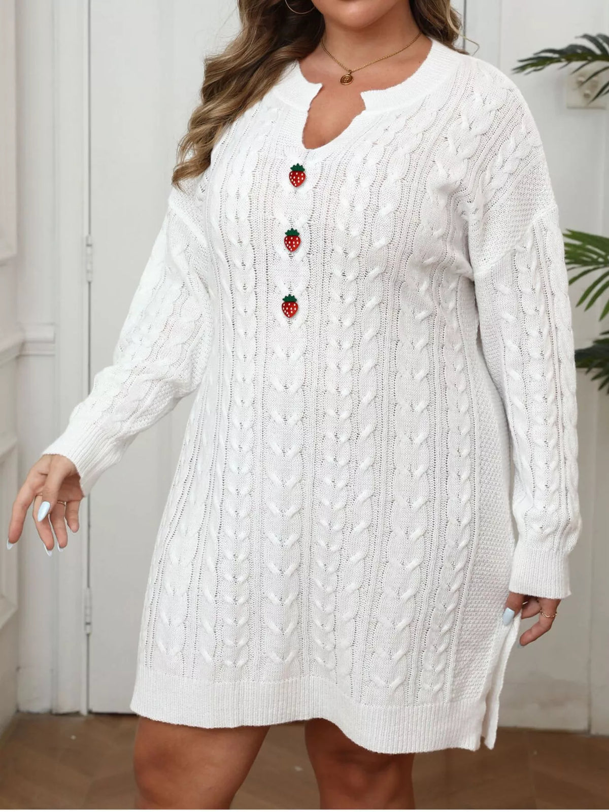 Plus Size Strawberry Cable Knit Sweater Dress - White - View 1