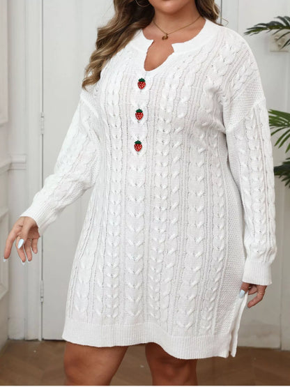 Plus Size Strawberry Cable Knit Sweater Dress - White - View 1