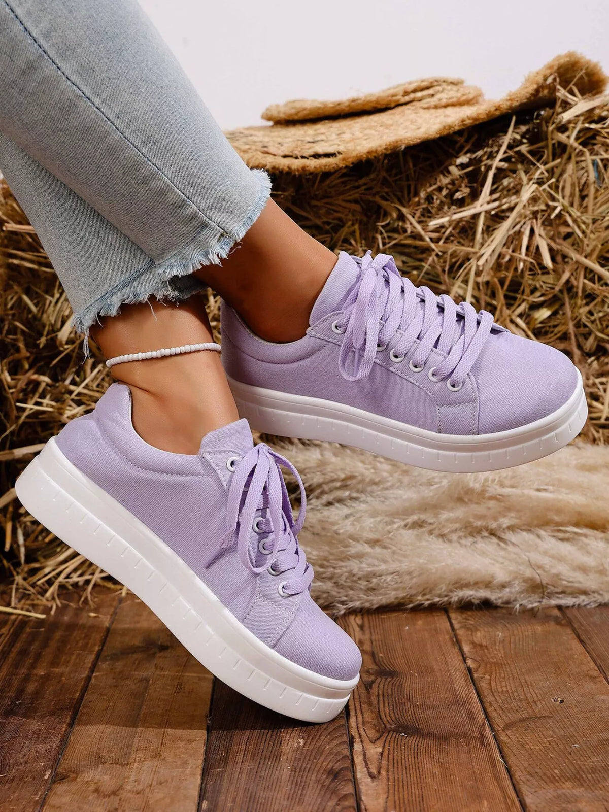 Lace Up Platform Sneakers - Purple - View 7