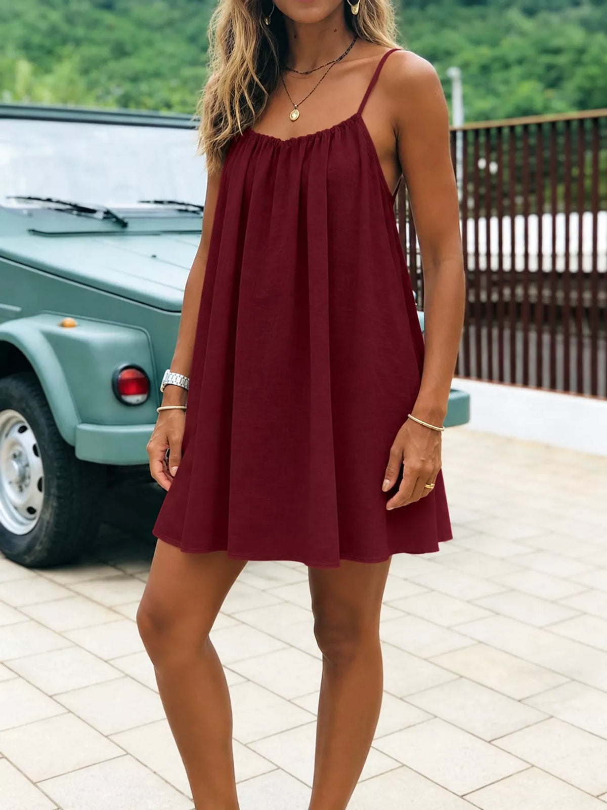 Full Size Backless Spaghetti Strap A-Line Mini Dress Plus Size - Burgundy-Style C - View 110