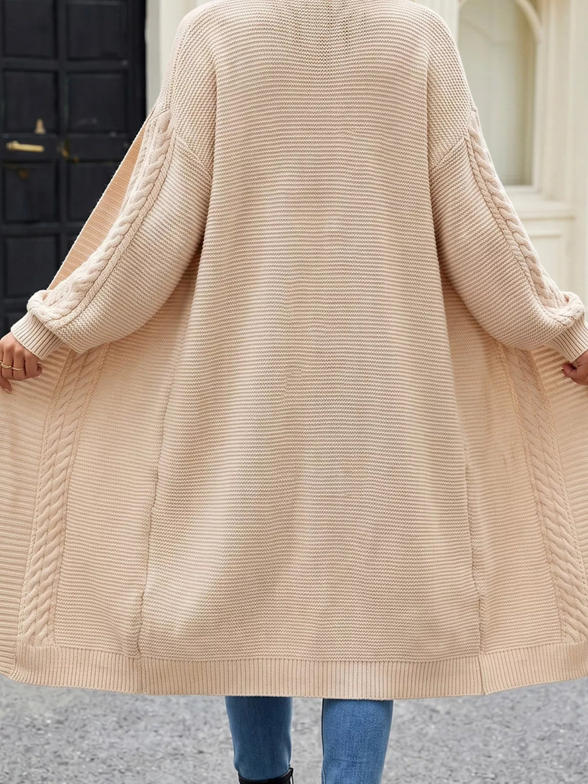 Cable-Knit Open-Front Longline Cardigan - Apricot - View 5