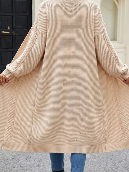 Cable-Knit Open-Front Longline Cardigan - Apricot - View 5