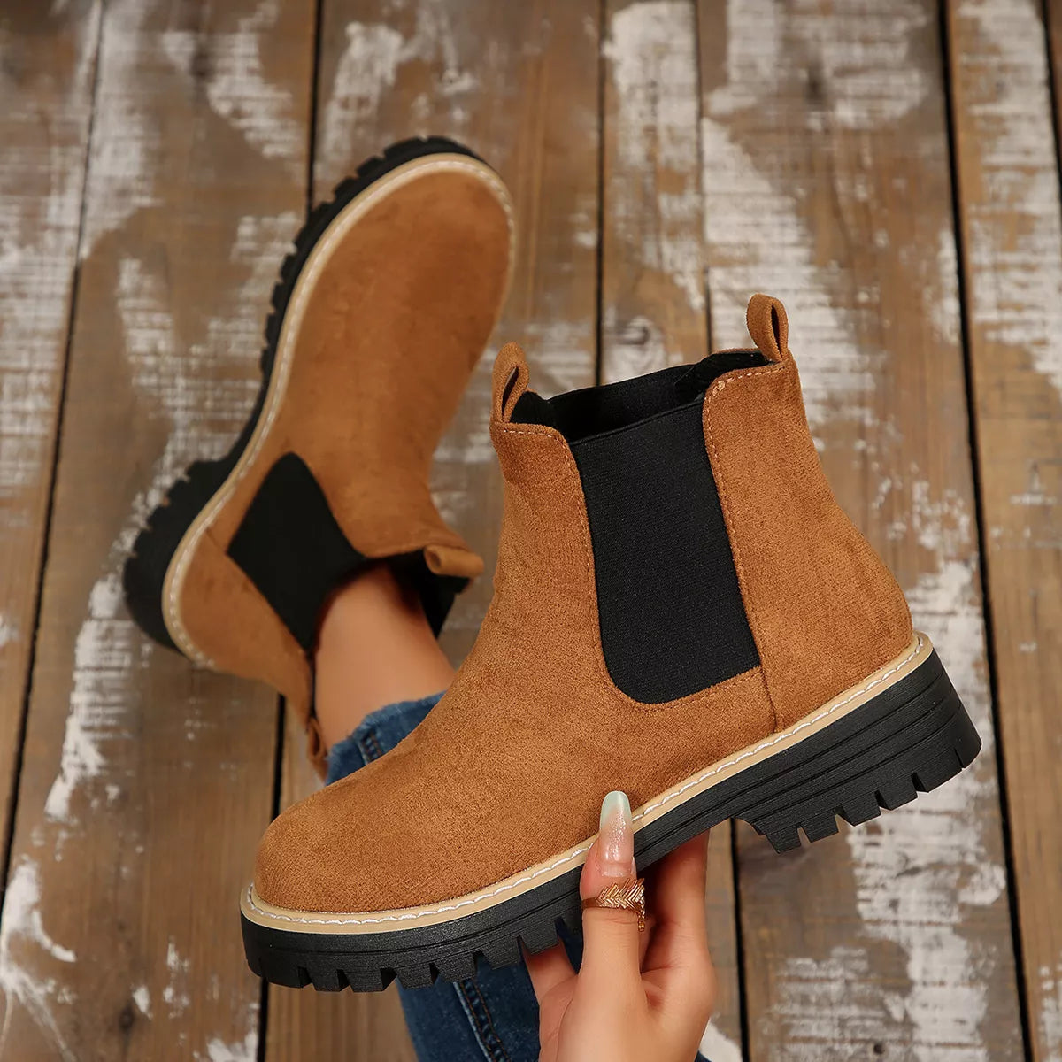 Round Toe Block Heels Boots - Brown - View 1
