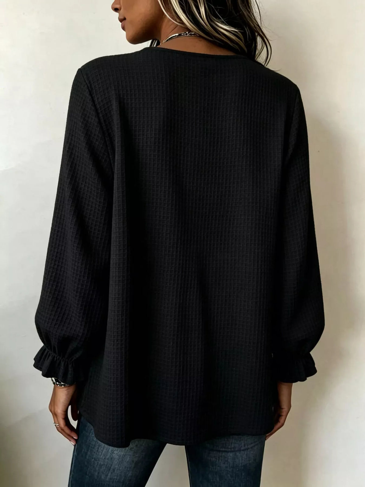 Waffle Knit Long Sleeve Top - Black - View 11