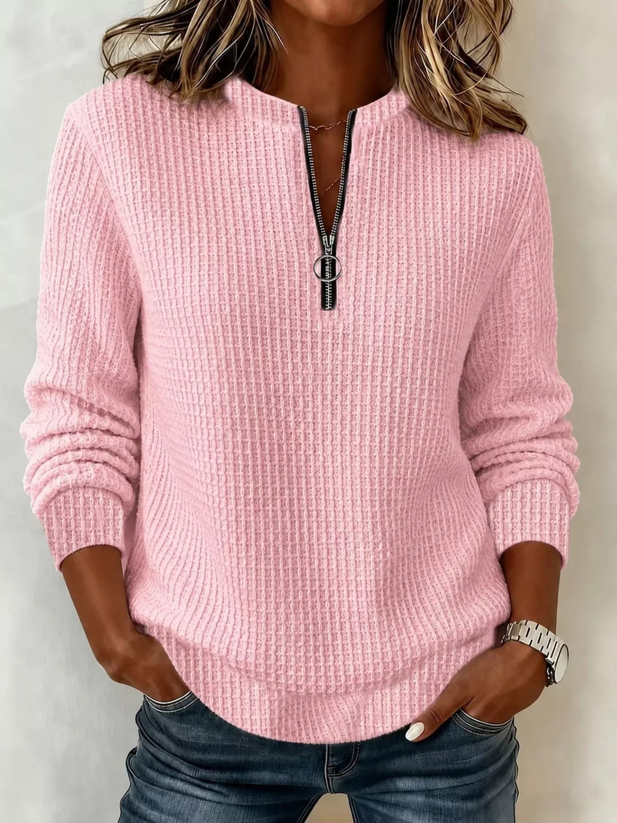 Full Size Quarter-Zip Textured Sweatshirt Plus Size - Pink - View 9