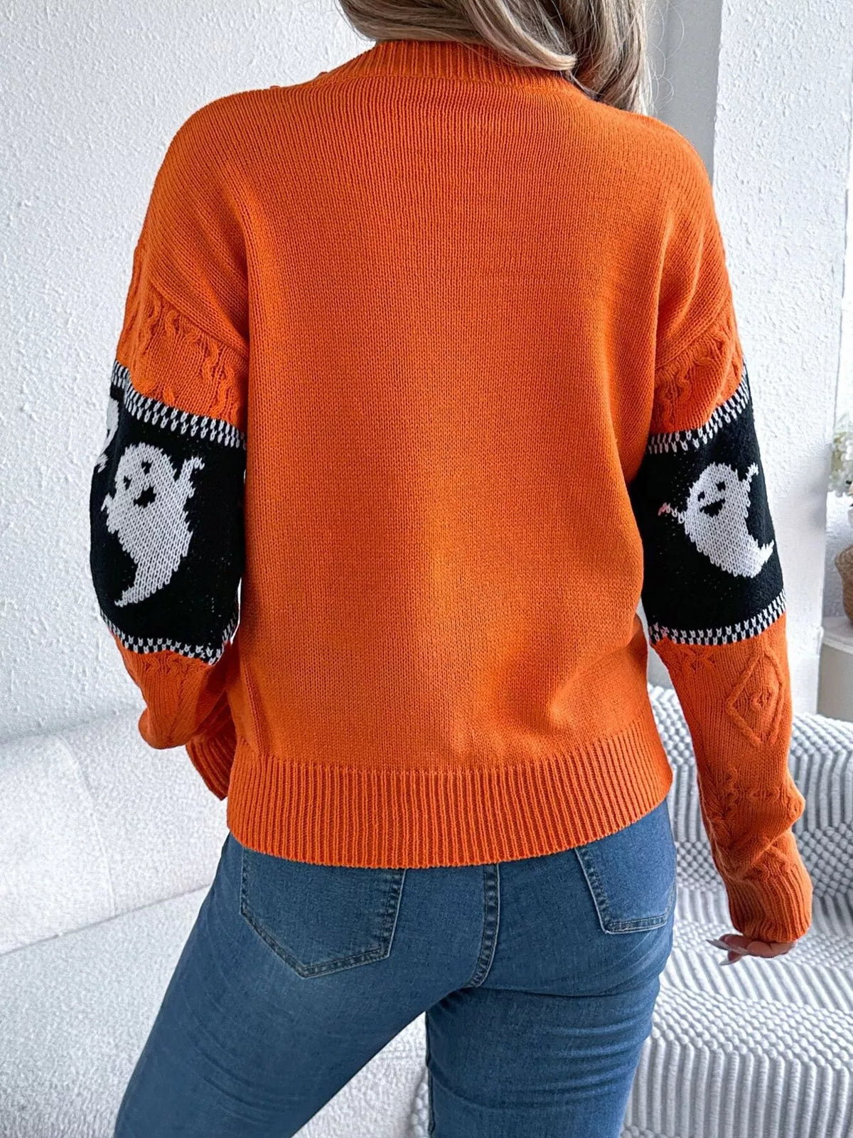 Halloween Ghost Pattern Textured Sweater - Orange - View 5