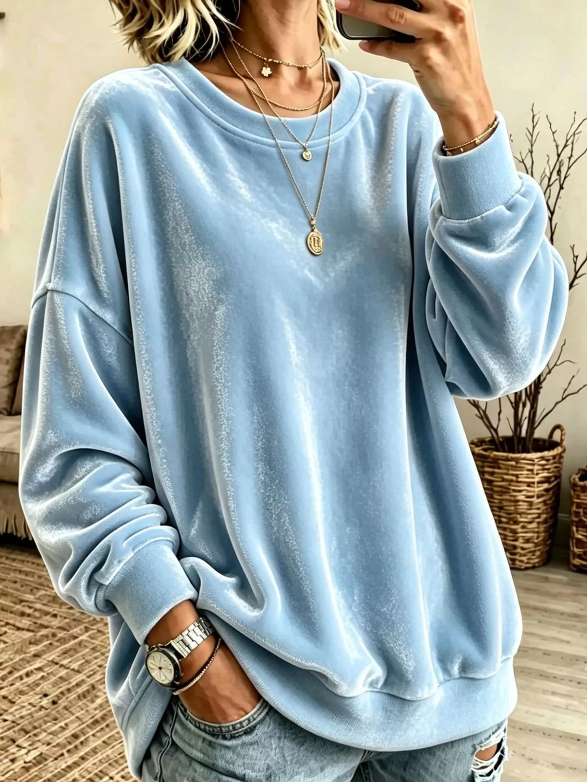 Full Size Crew Neck Drop Shoulder Sweatshirt Plus Size - Light Blue - View 16