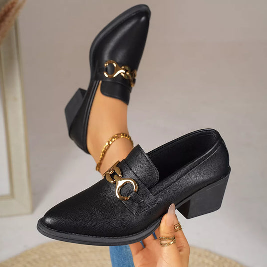 Point Toe Block Heels Loafers - F34 Black - View 2