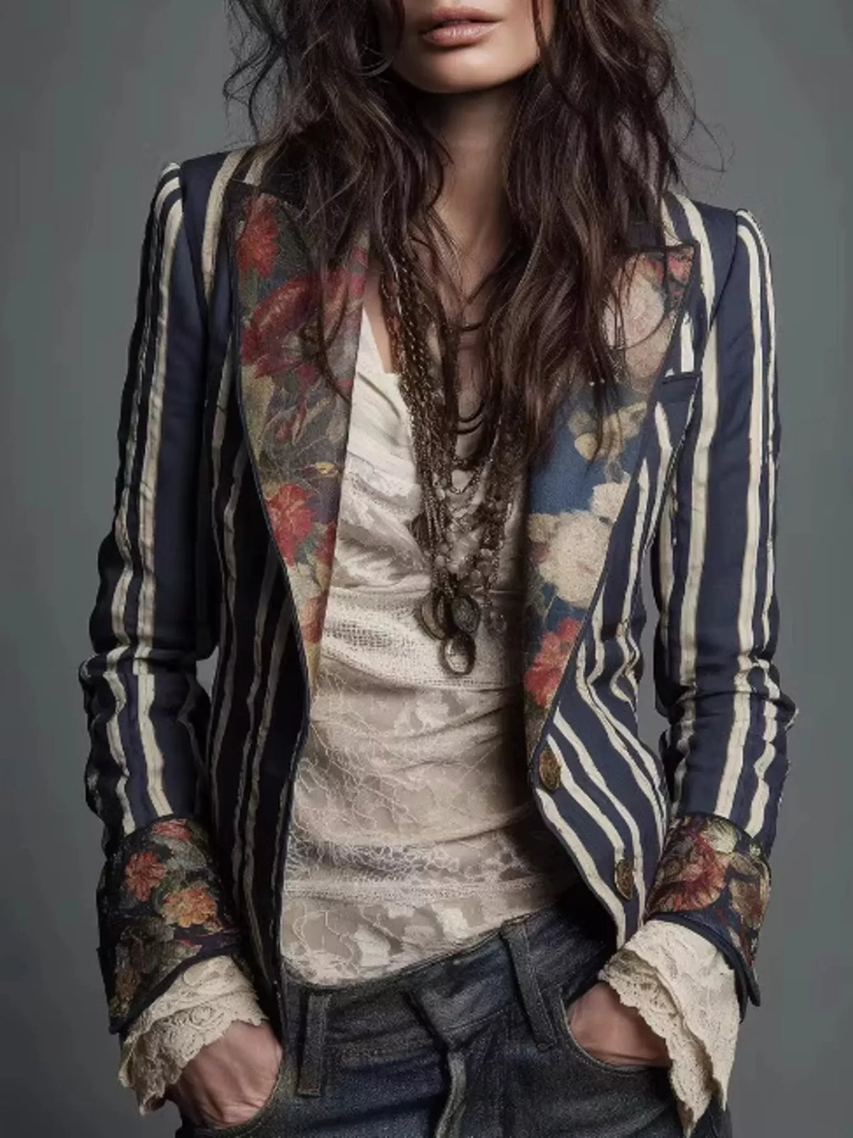 Striped Floral Contrast Slim Fit Blazer - Blue - View 1