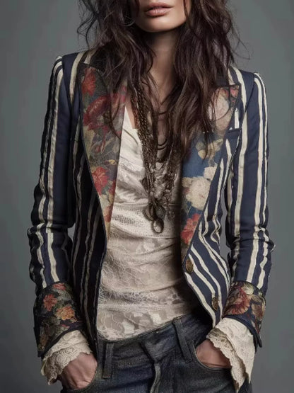 Striped Floral Contrast Slim Fit Blazer - Blue - View 1