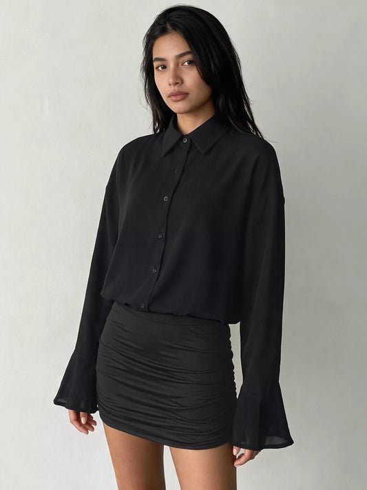 Button Front Flounce Sleeve Bodycon Shirt Dress - Black - View 2