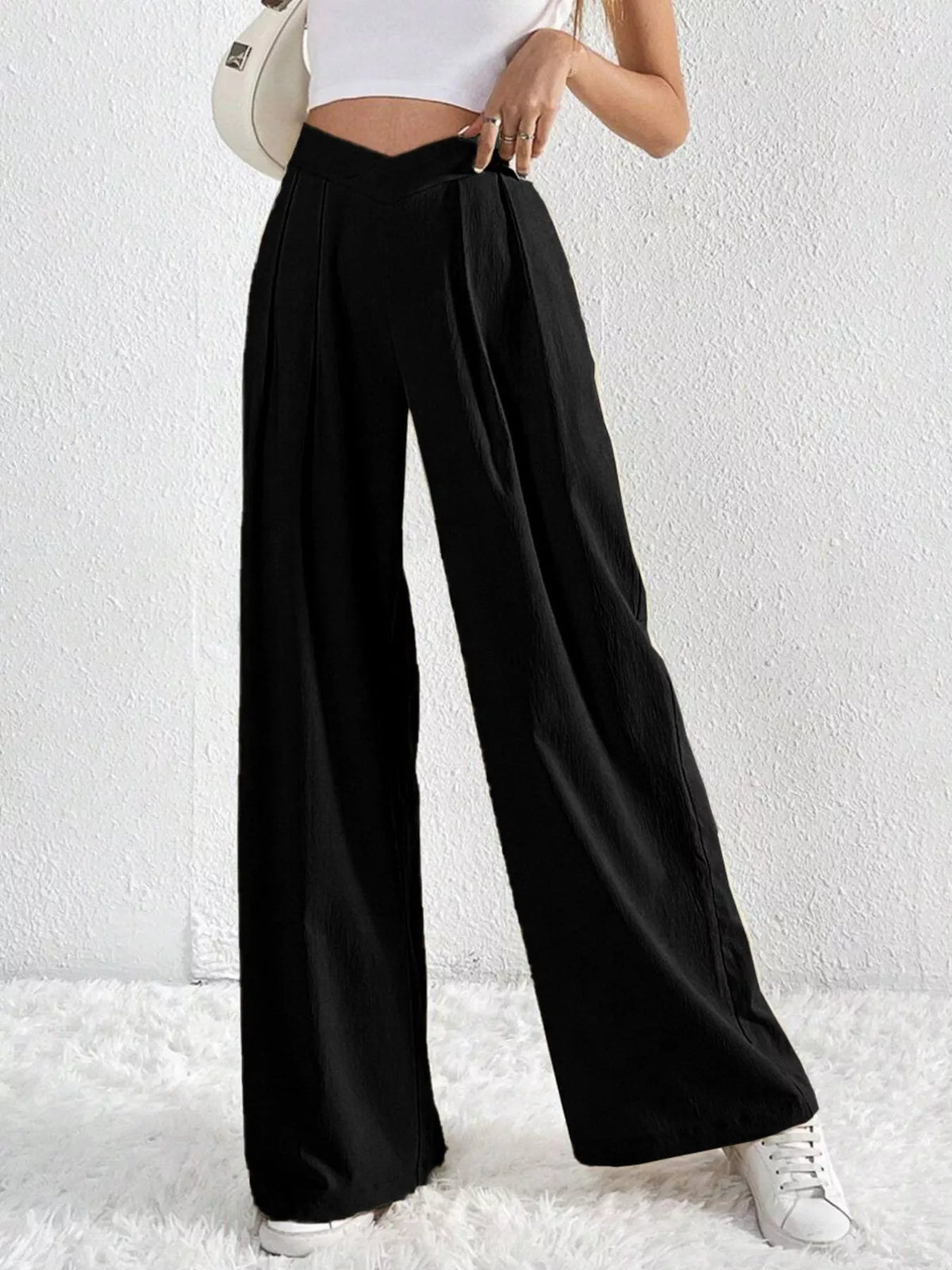 Pleated Wide Leg Pants - Black - View 2
