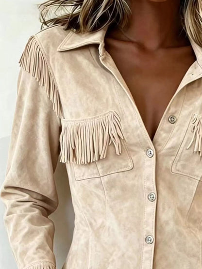 Full Size Fringed Snap Down Jacket Plus Size - Beige - View 2