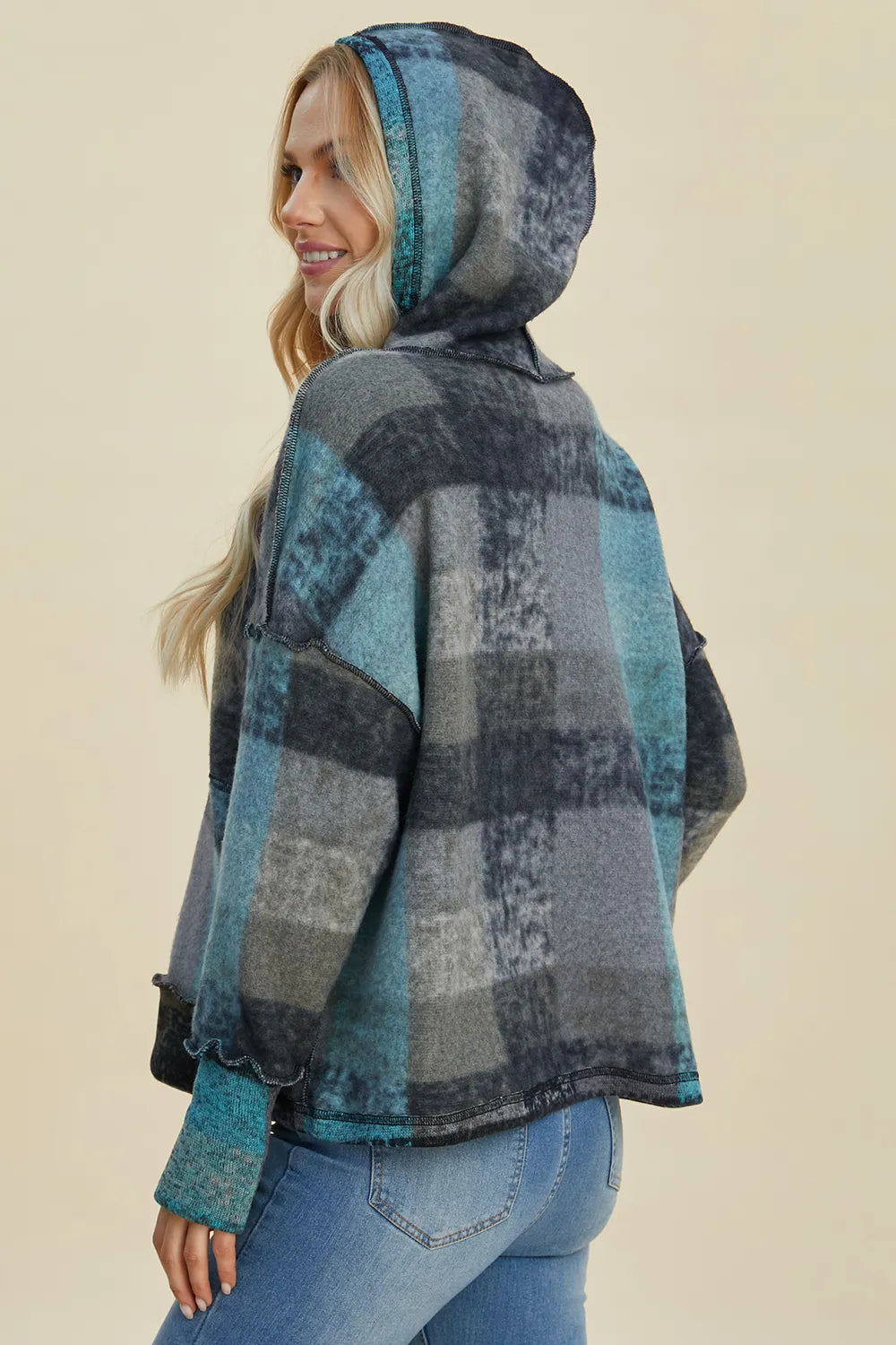 Double Take Full Size Plaid Dropped Shoulder Fleece Hoodie Plus Size - Dark Gray - View 5