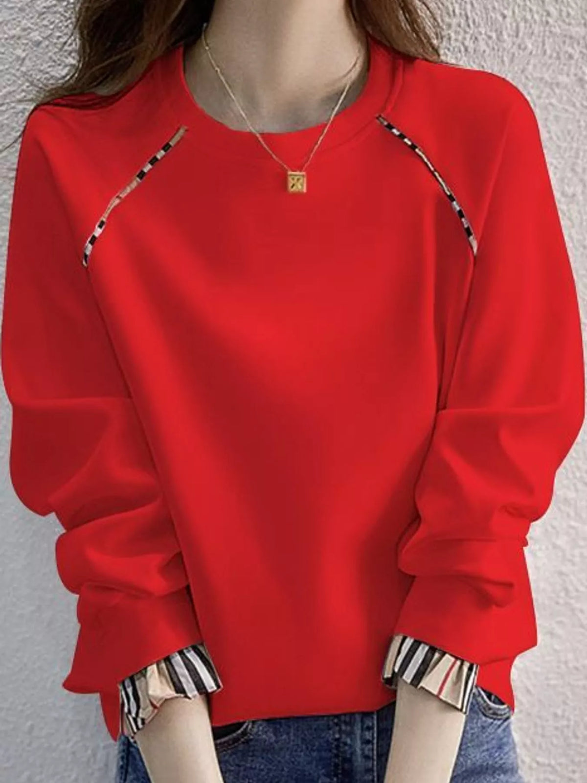 Plaid-Trimmed Crew Neck Sweatshirt - Red-Plain - View 5