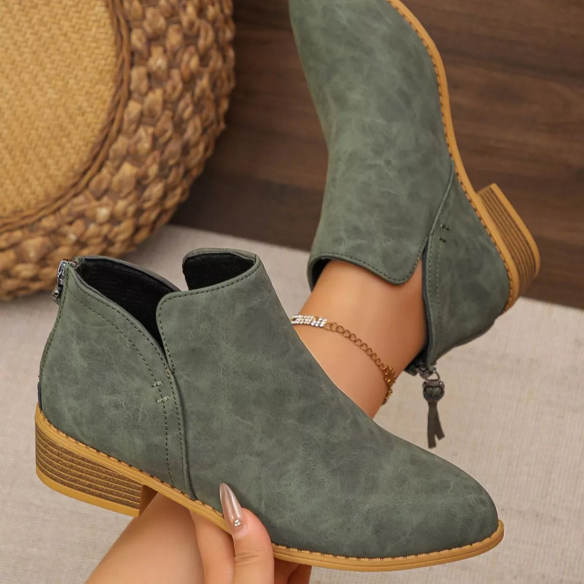 Point Toe Block Heels Boots - Army Green - View 2