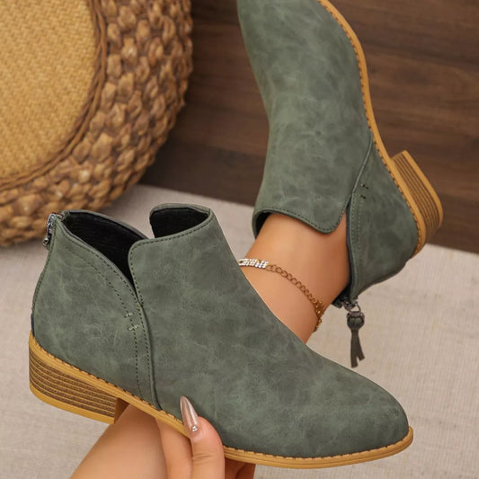 Point Toe Block Heels Boots - Army Green - View 2
