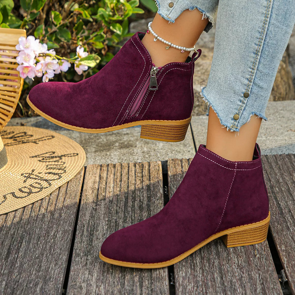 Point Toe Block Heels Boots - Burgundy - View 3