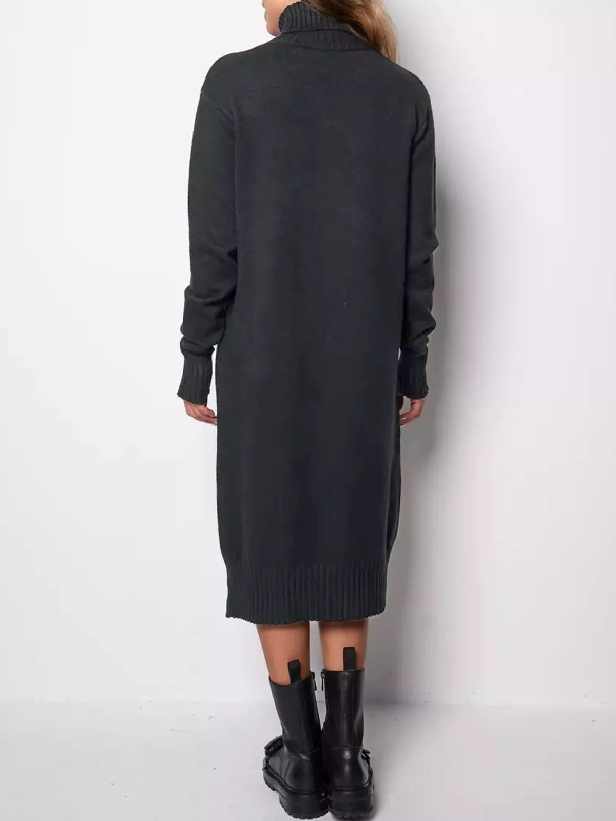 Turtleneck Ribbed Knit Sweater Dress - Dark Gray - View 24