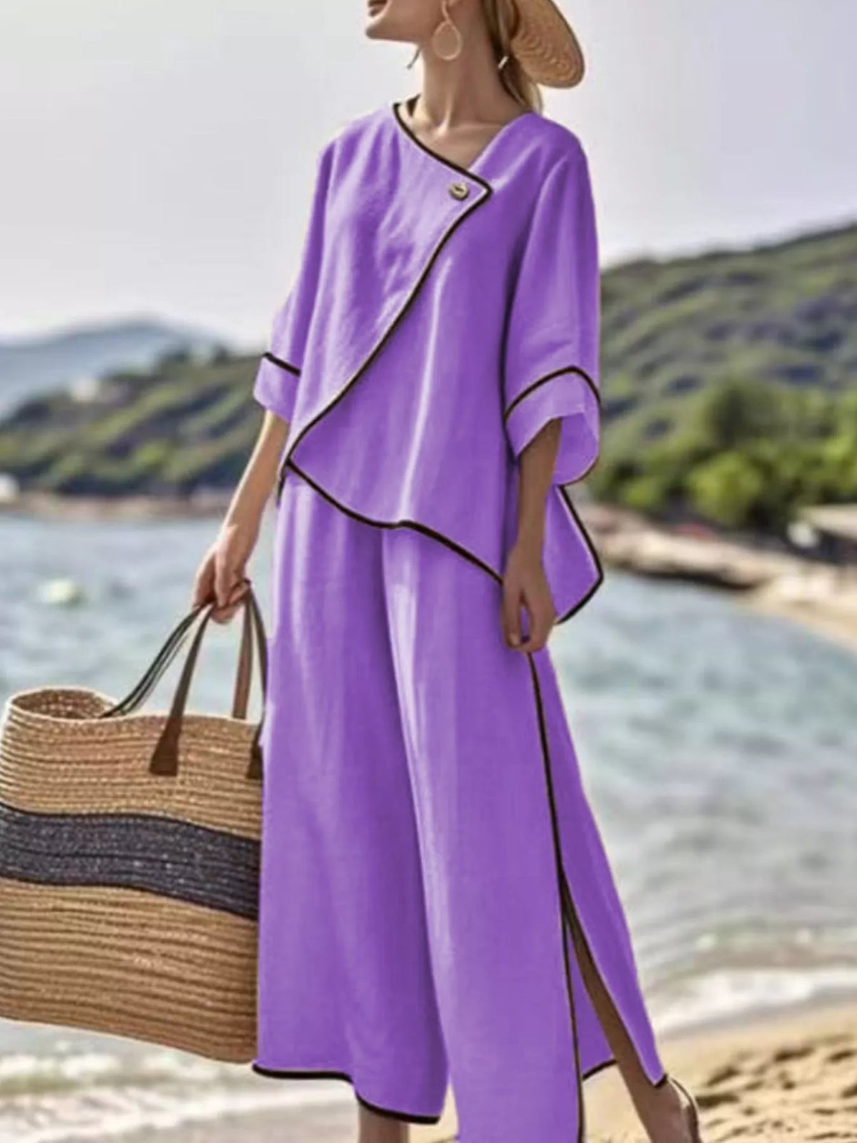 Full Size Contrast Trim Top and Wide Leg Pants Set Plus Size - Purple - View 1