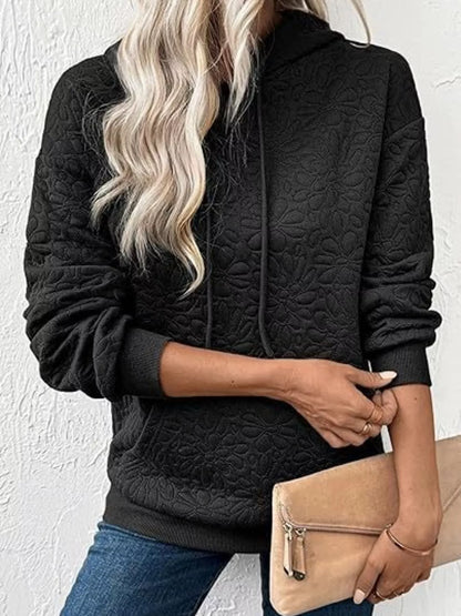 Textured Floral Embossed Drawstring Hoodie - Black - View 2