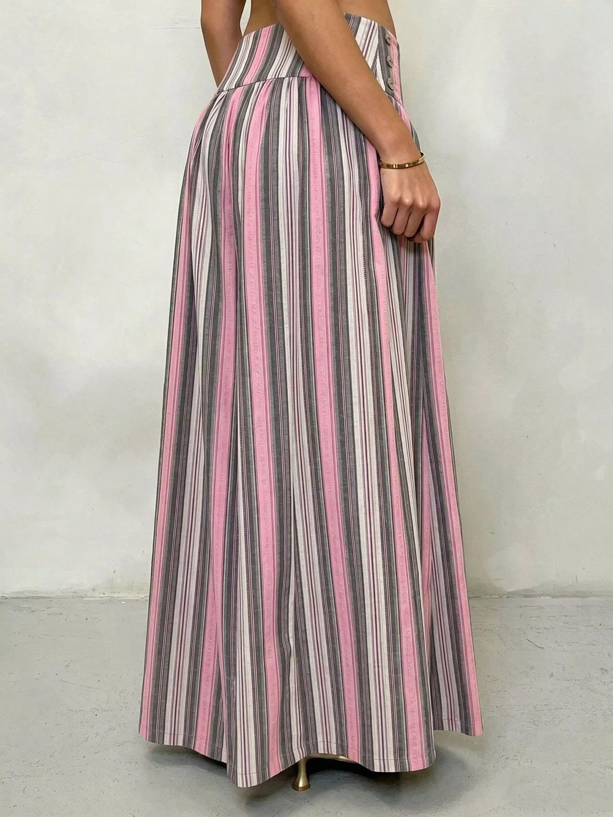 High-Waisted Striped Wide-Leg Casual Pants - Gray Pink Stripes - View 4