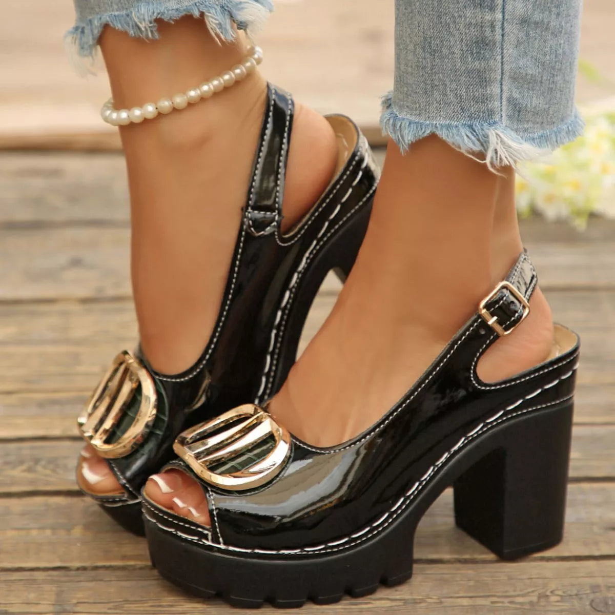 Peep Toe Block Heels Sandals - Black - View 9