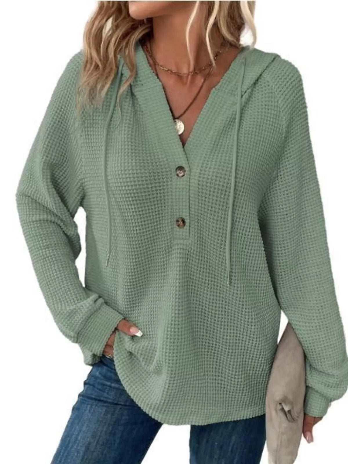Full Size Waffle Knit Half-Button Hoodie Plus Size - Light Green - View 14
