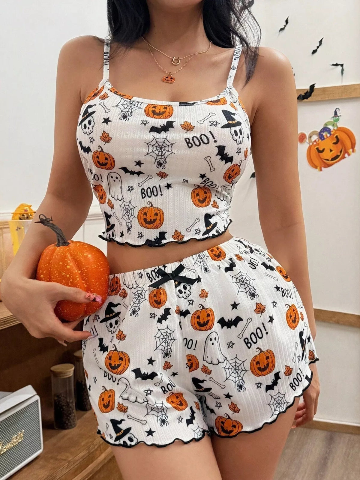Halloween Pumpkin Print Cami and Shorts Lounge Set - White - View 1