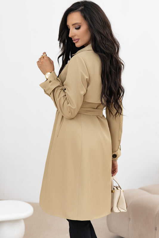 Pale Khaki Solid Color Lapel Collar Waist Tie Wind Coat - Pale Khaki - 2