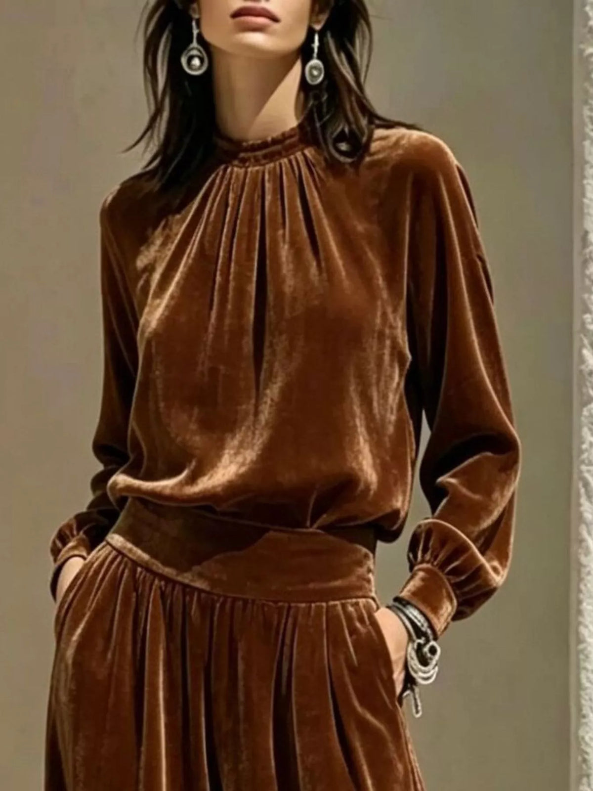Velvet Mock Neck Long Sleeve Top and Wide-Leg Pants Set - Brown - View 3