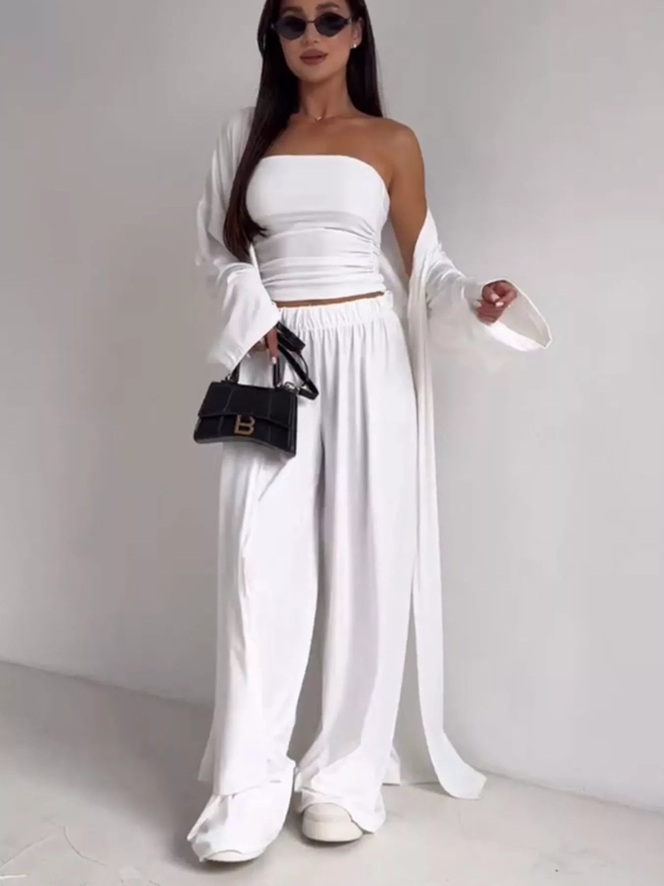 Tube Top & Cardigan & Wide Leg Pants 3-Piece Set - White - Second Alternate Styled Front View