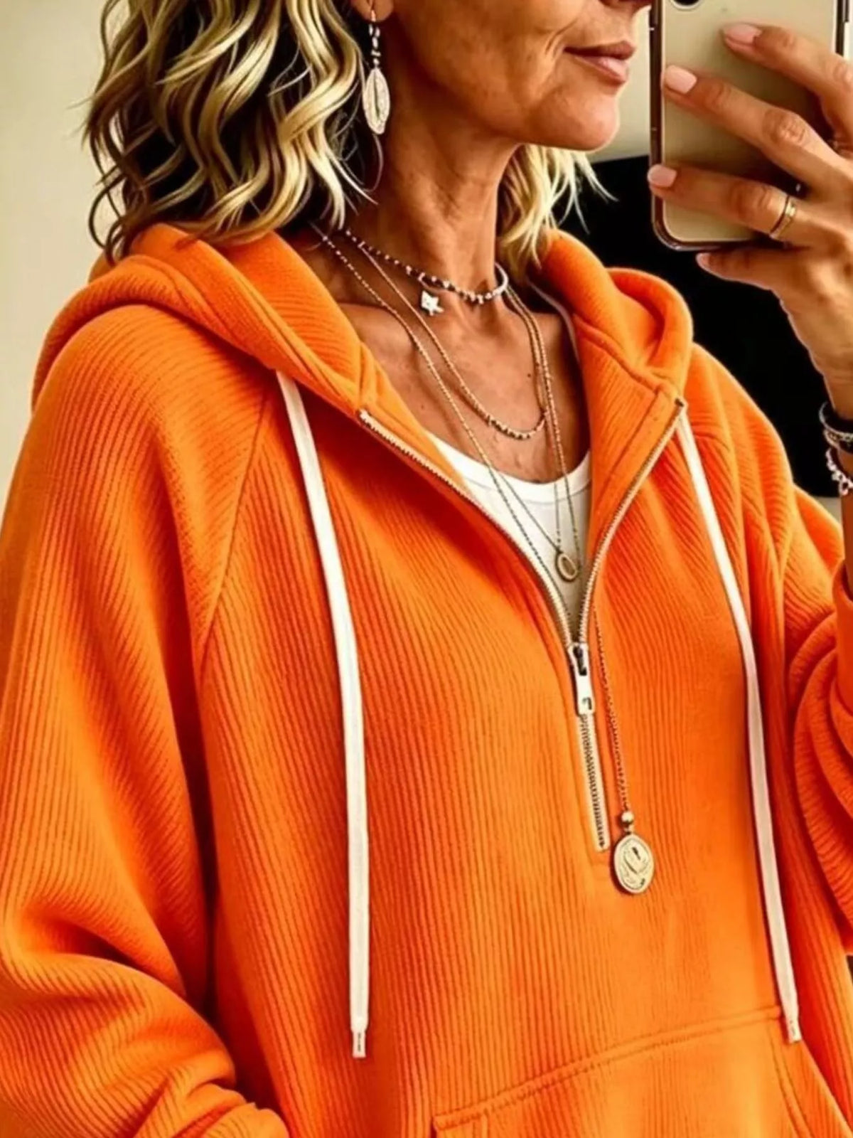 Ribbed Knit Quarter-Zip Hoodie with Kangaroo Pocket - Orange - View 2