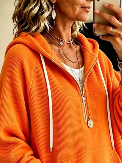 Ribbed Knit Quarter-Zip Hoodie with Kangaroo Pocket - Orange - View 2