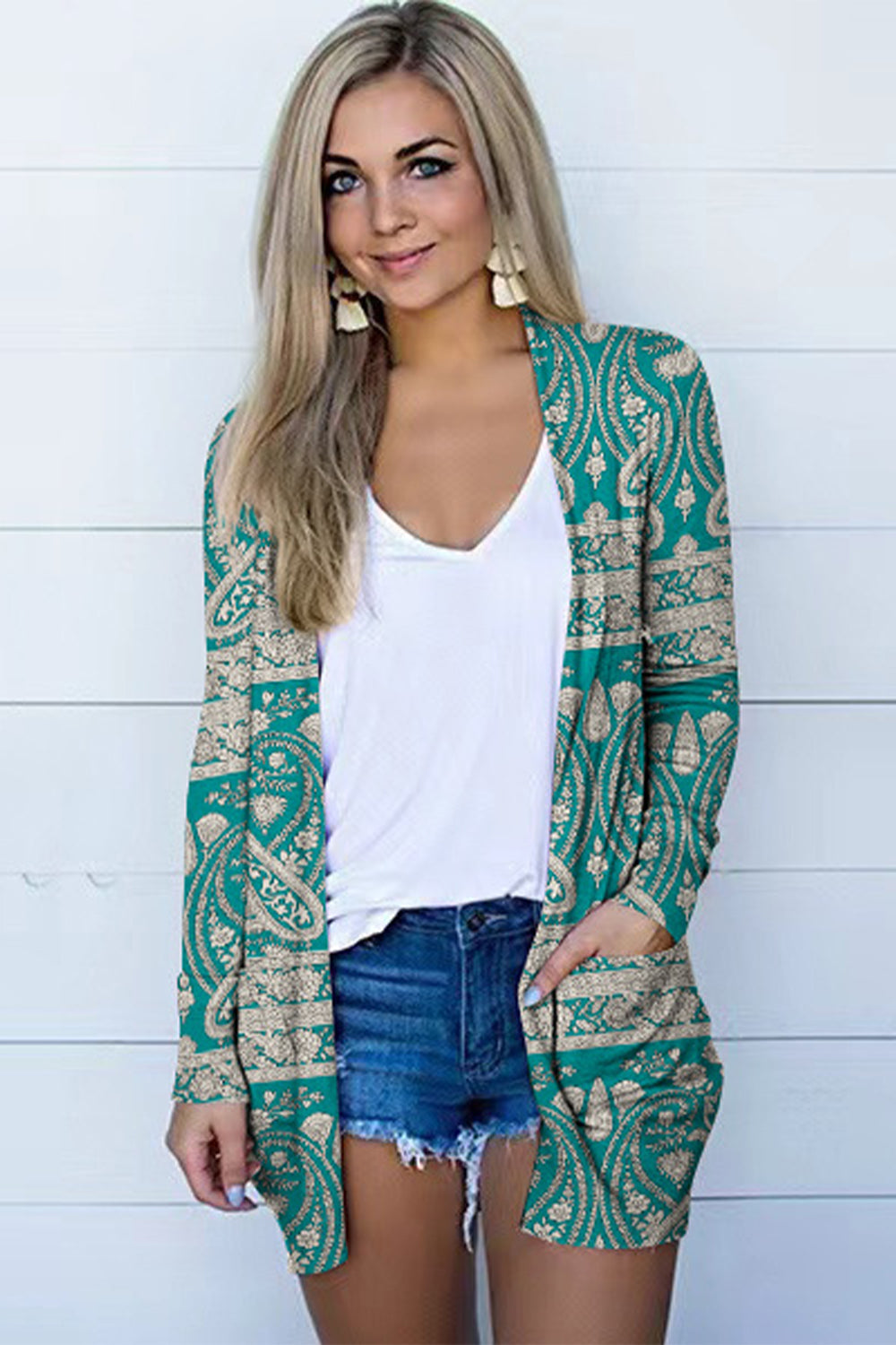 Printed Long Sleeve Cardigan - Teal - View 1