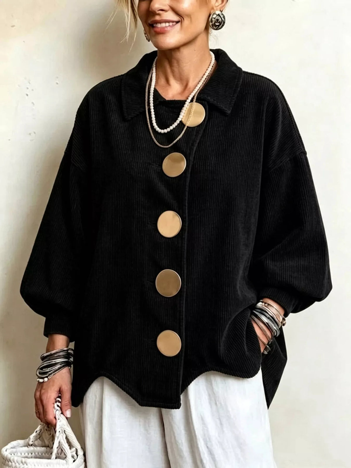 Full Size Corduroy Button-Down Jacket Plus Size - Black - View 5