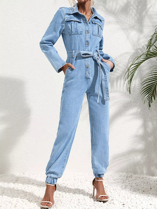 Button Front Belt Denim Jumpsuit - product photo 2