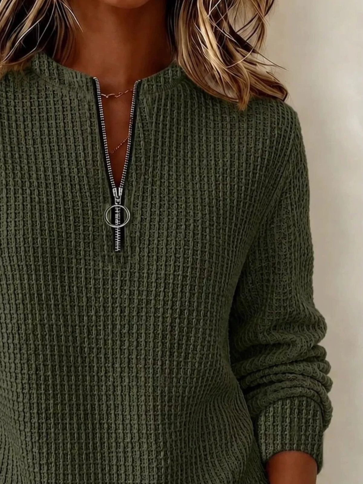 Full Size Quarter-Zip Textured Sweatshirt Plus Size - Army Green - View 4