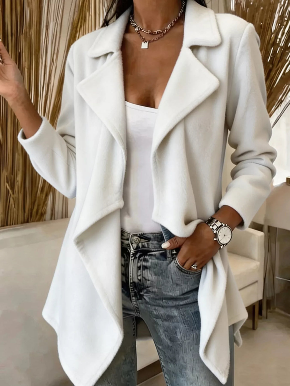 Full Size Fleece Waterfall Collar Outerwear Plus Size - White - View 7