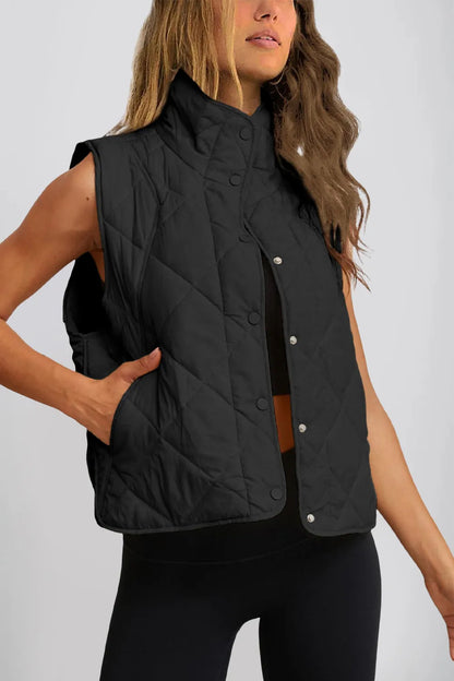 Snap Down Texture Vest Coat with Pockets - Black - View 13