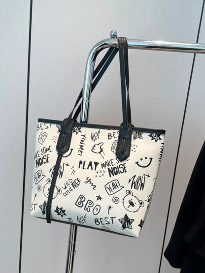 Graffiti Print Casual Tote Bag - Black - View 3