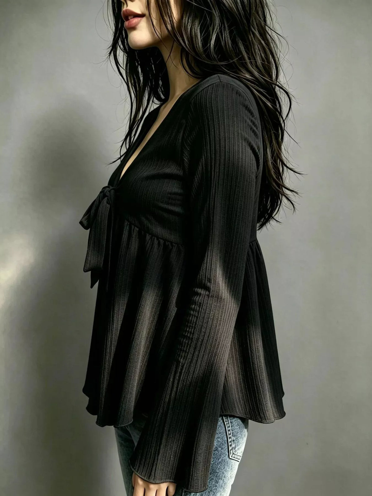 Tie-Front Flare Sleeve Blouse - Black - View 4