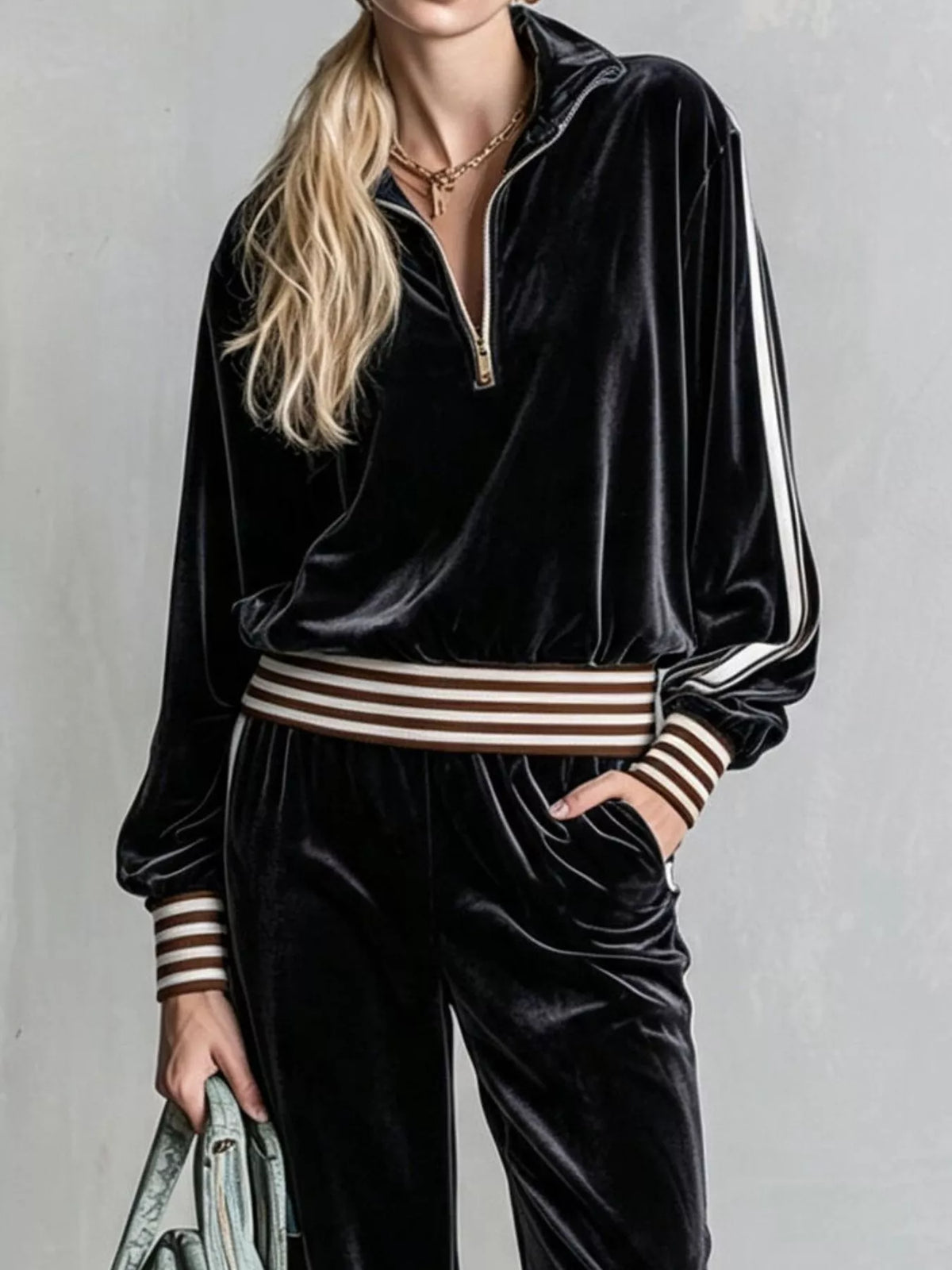 Striped Half Zip Top and Pants Set - Black - View 2