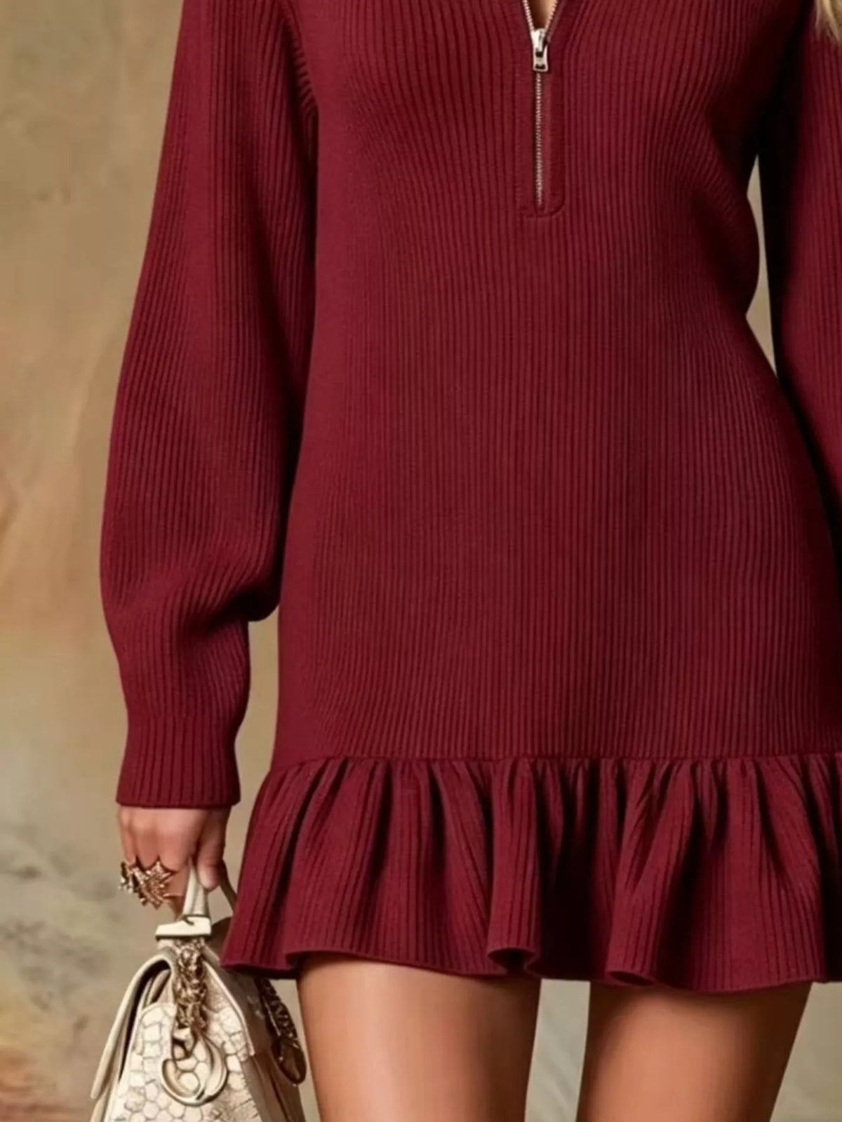 Ruffle Hem Half Zip Dress - Burgundy - View 3