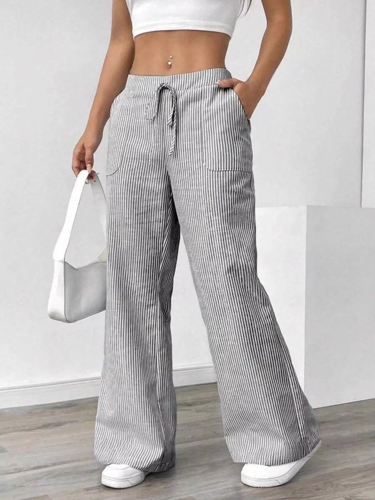 Striped Drawstring Wide-Leg Pants - Light Gray - View 1
