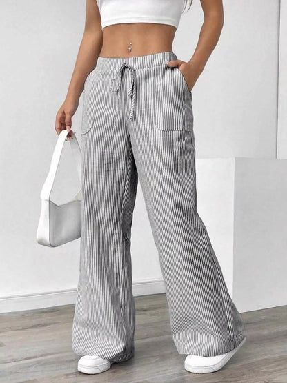 Striped Drawstring Wide-Leg Pants - Light Gray - View 1